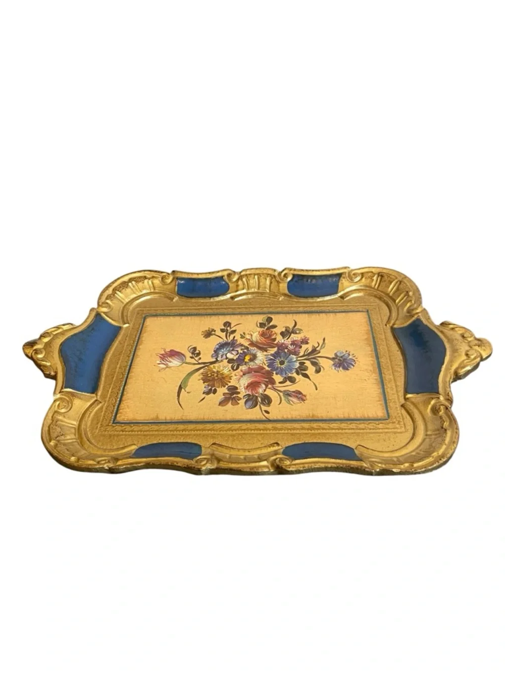 Vintage Florentine Italian Wood Tray Gold Gilt Blue Floral Hand Painted Ornate